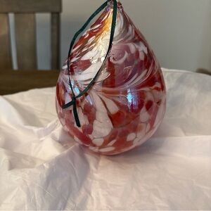 MOUTH BLOWN GLASS PINK WHITE HANGING CHRISTMAS ORNAMENT